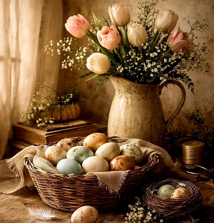 Cesta de mimbre con huevos de campo y flores sobre mesa de madera, simbolizando la autenticidad en el copywriting turístico
