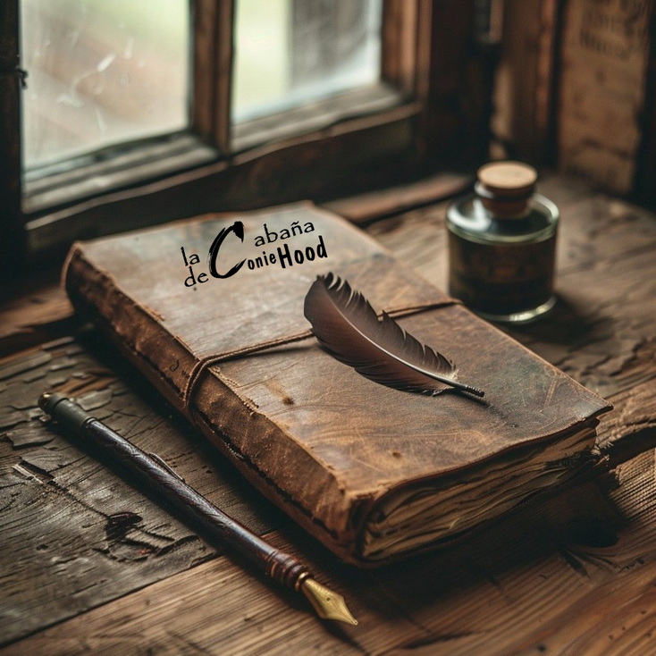 Libro de cuero antiguo con pluma estilográfica en una mesa de madera rústica, representando el storytelling y copywriting para turismo de aventura de Conie Hood